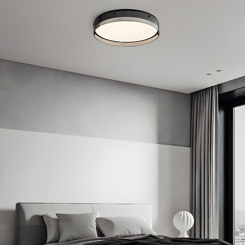 Modern Dimmable Round Ribbed Glass LED Flush Mount Ceiling Light in Gold or Black