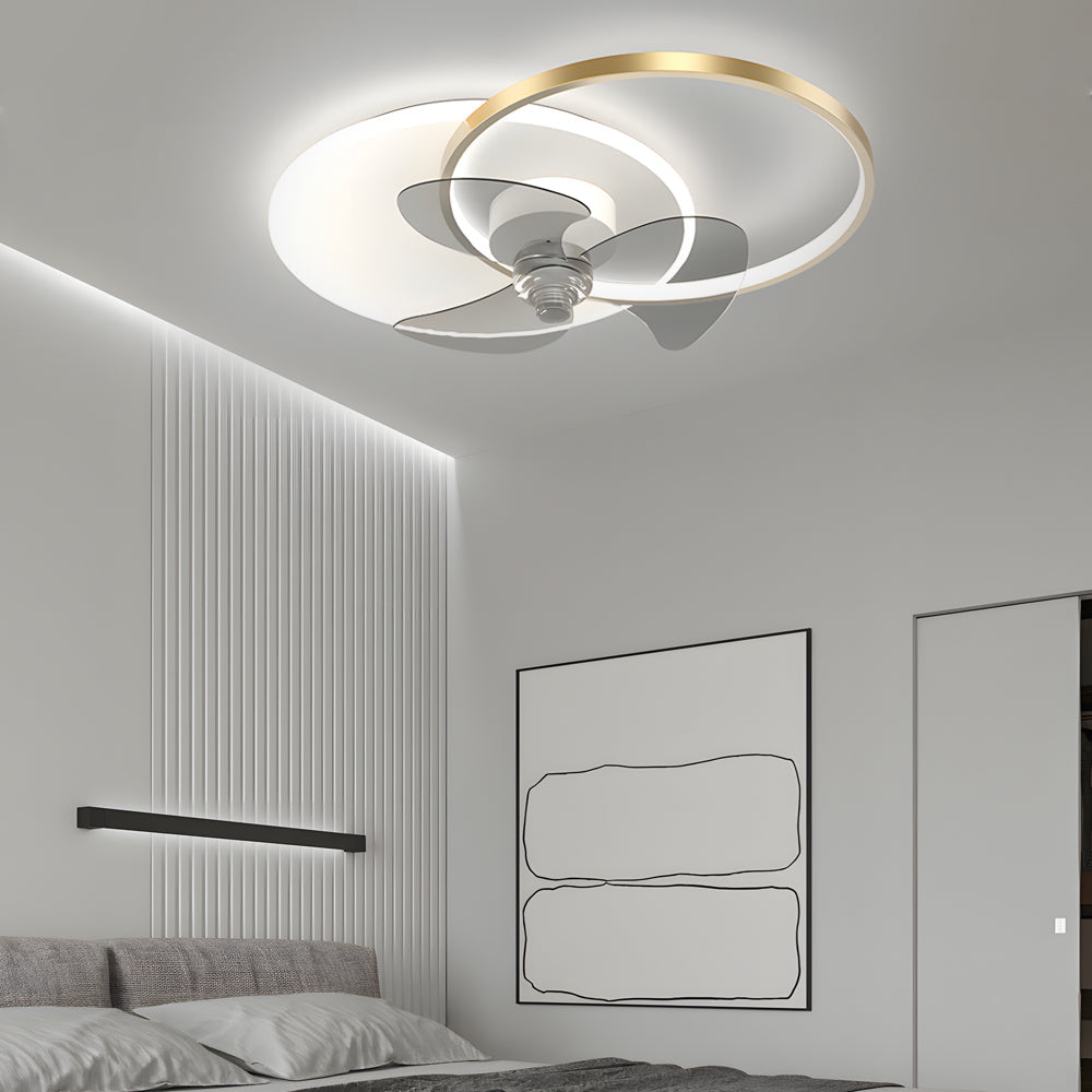 Modern Low Profile LED Ceiling Fan Silent Flush Mount 3 Color Dimming Light