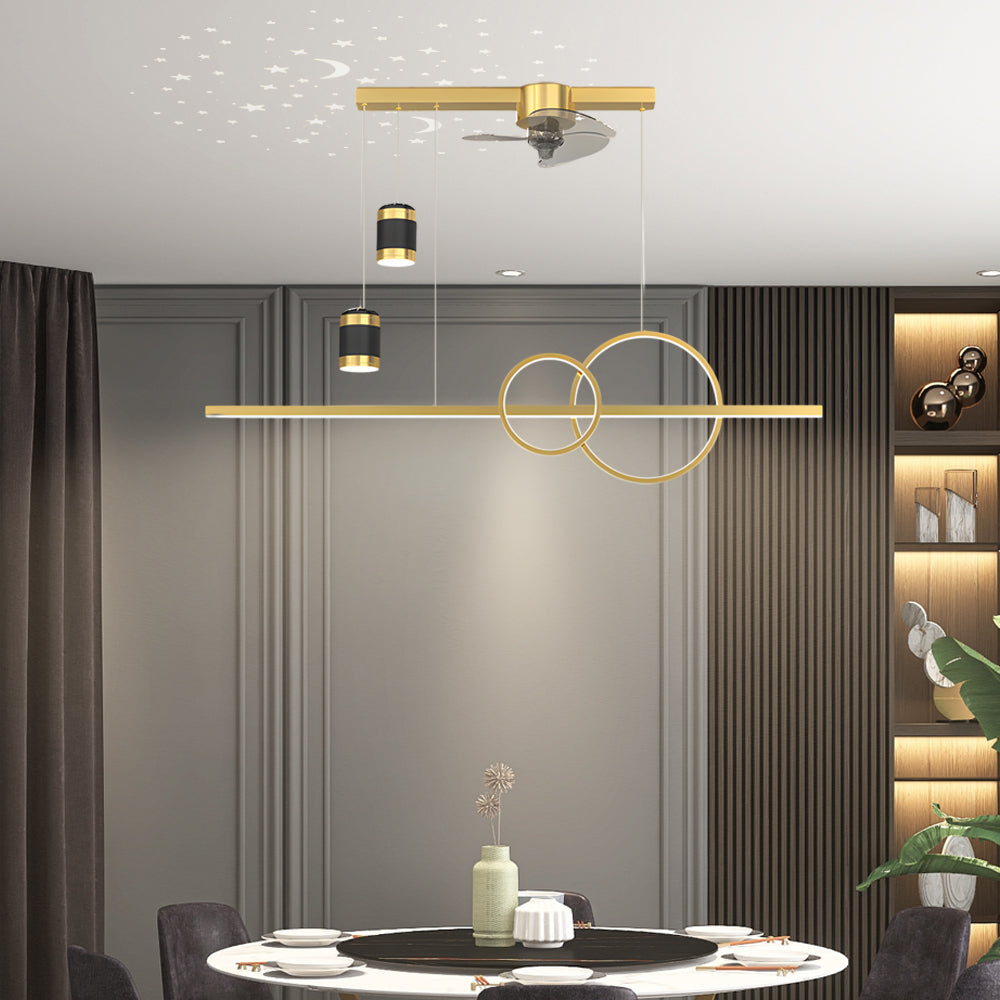 Modern LED Dining Room Linear Chandelier with Integrated Fan and Starry Projection Light