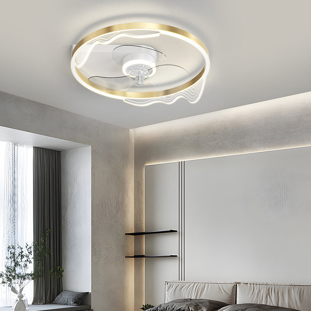 Modern Low Profile Flush Mount Ceiling Fan LED Round Acrylic Wave Decor 3 Color Dimming