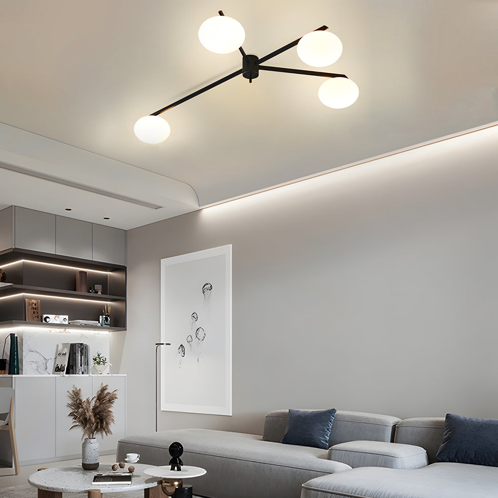 Modern White Glass Globe Semi Flush Mount Ceiling Light with Black Iron Arms
