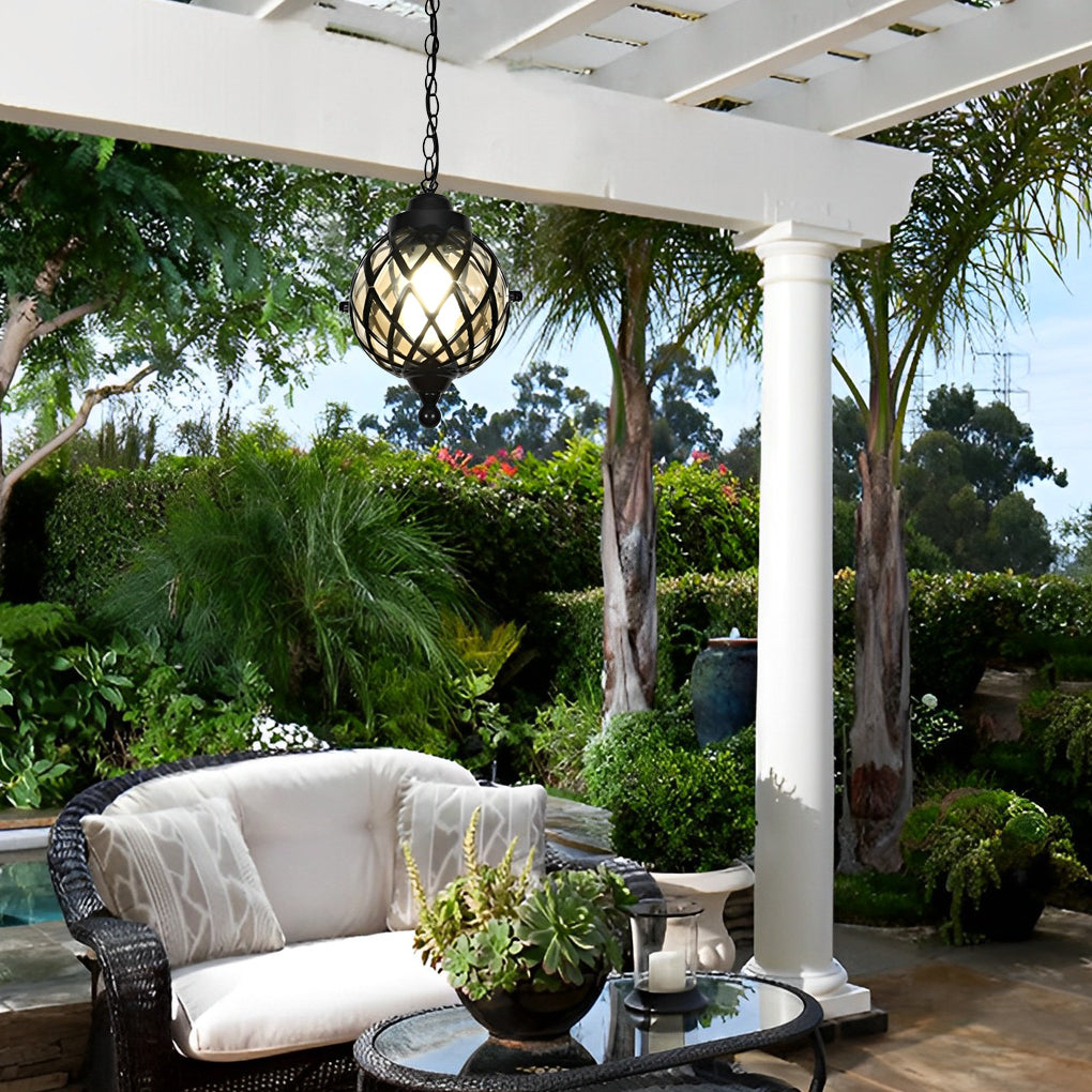 Modern Tea Glass Globe Outdoor Pendant Light Waterproof Aluminum Hanging Lantern Chandelier