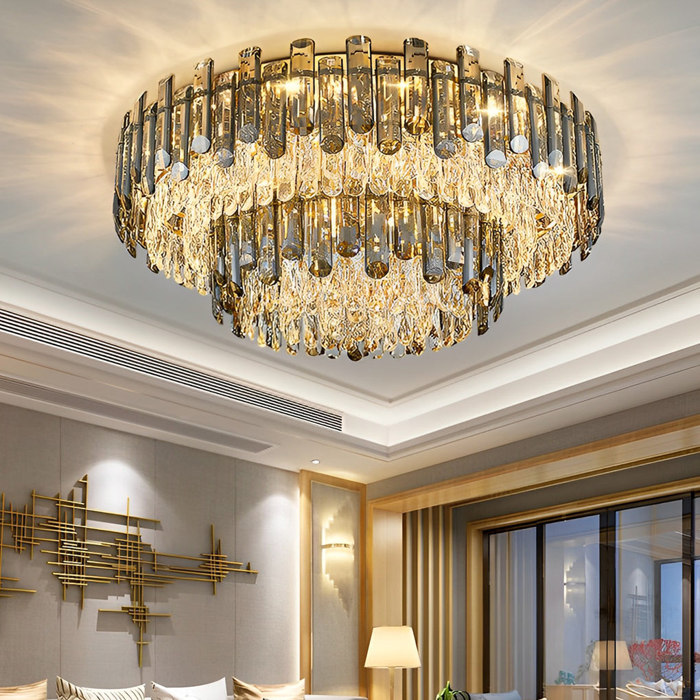 Luxury Modern Crystal Flush Mount Ceiling Light Round Metal Three Color Temperature Fixture