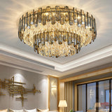 Luxury Modern Crystal Flush Mount Ceiling Light Round Metal Three Color Temperature Fixture