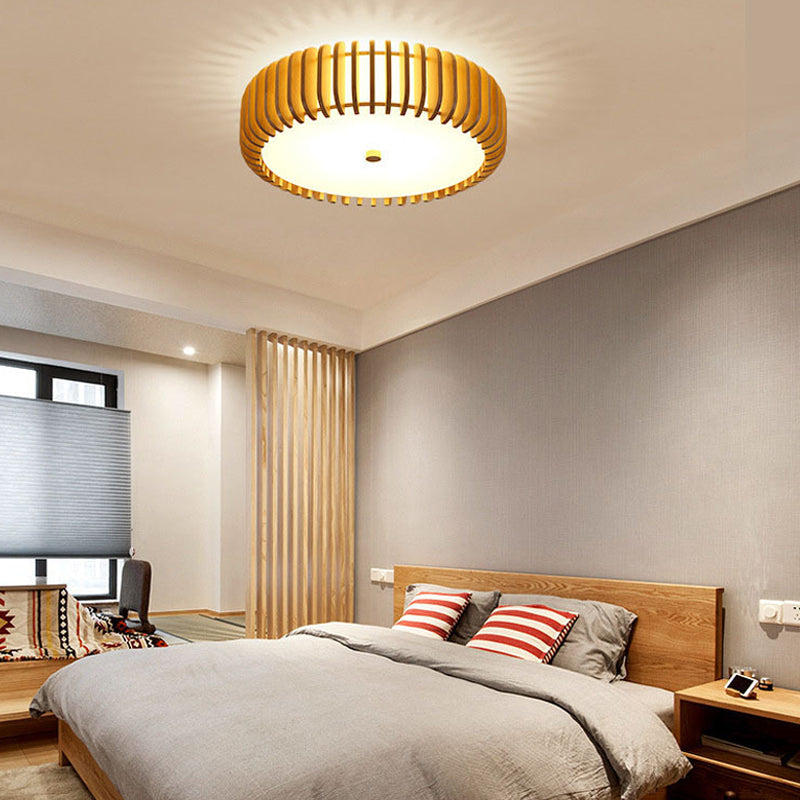 Modern Round Wooden LED Ceiling Light for Bedroom with 3 Step Color Dimming