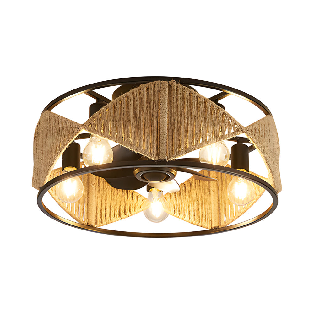20 Inch Rustic Hemp Rope Woven Caged Ceiling Fan with Light 6 Speed Remote Control for Bedroom