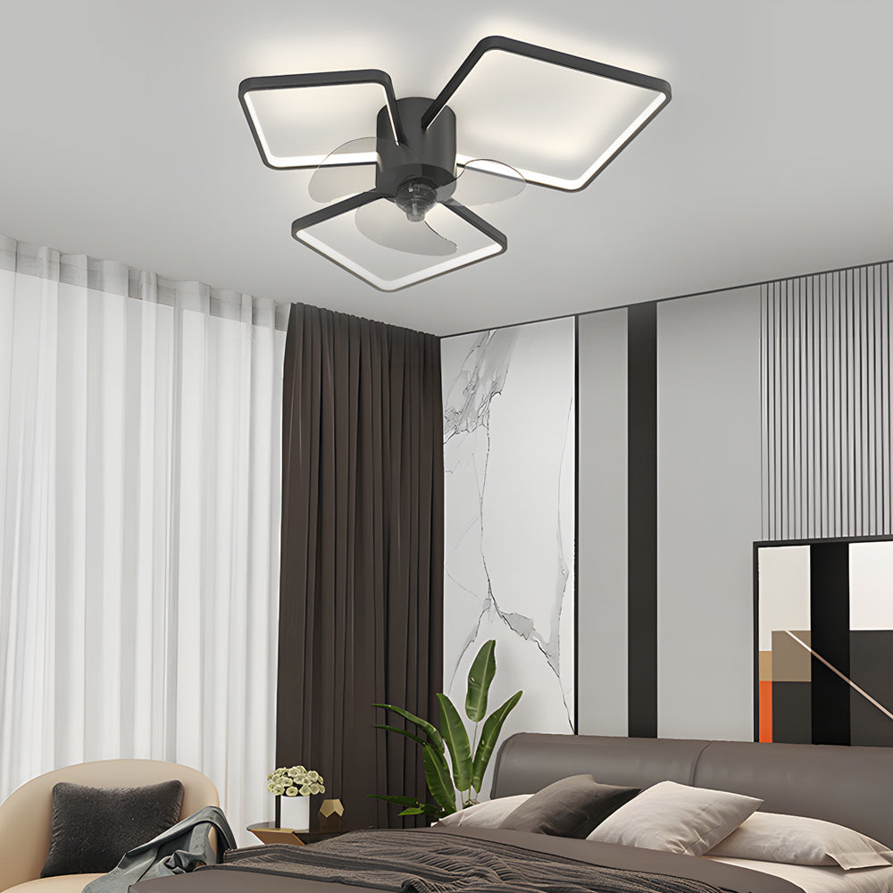 Silent Modern LED Ceiling Fan Light with Square and Round Ring Design Three Step Dimming