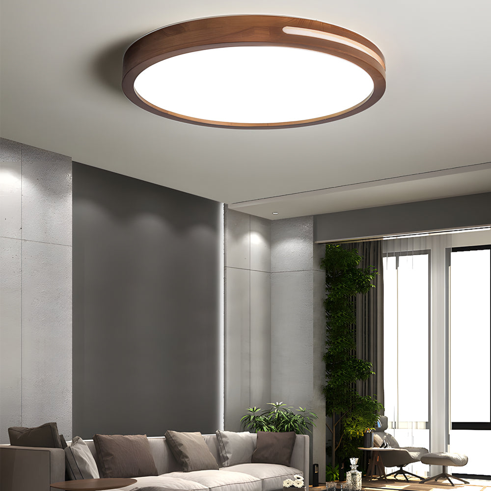 Natural Wood Round LED Ceiling Lamp Retro Dimmable Flush Mount with Remote Control