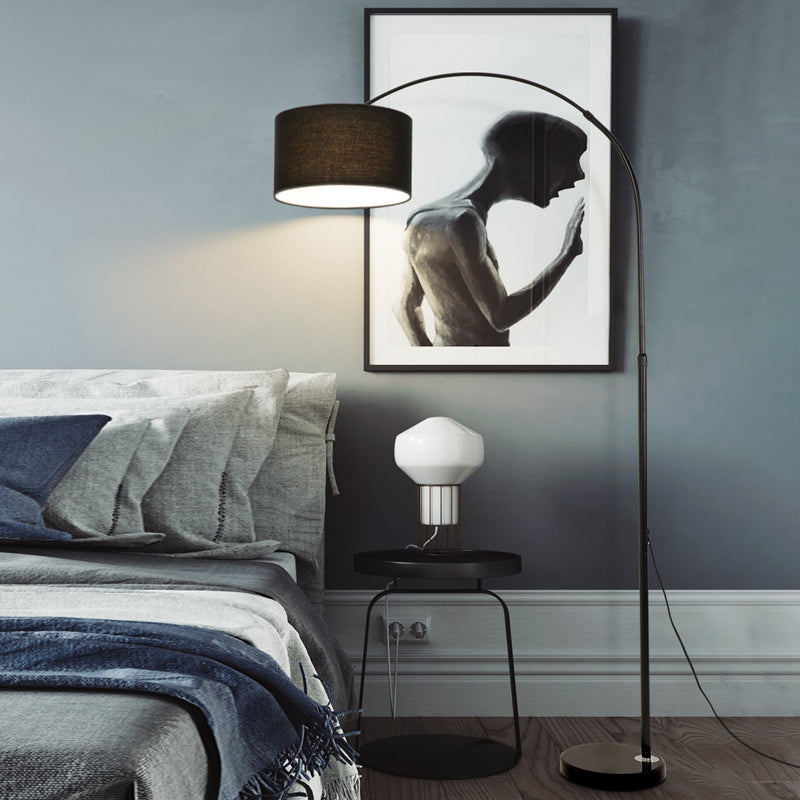 Modern Adjustable Arc Floor Lamp with Marble Base and Fabric Drum Shade for Living Room Reading