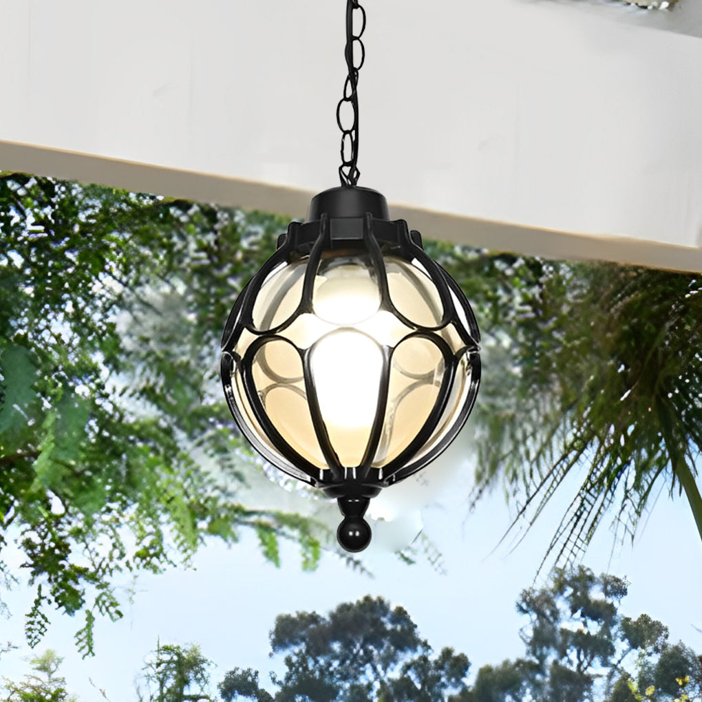 Retro Glass Globe Outdoor Pendant Light Waterproof Aluminum Exterior Chandelier for Porch and Garden