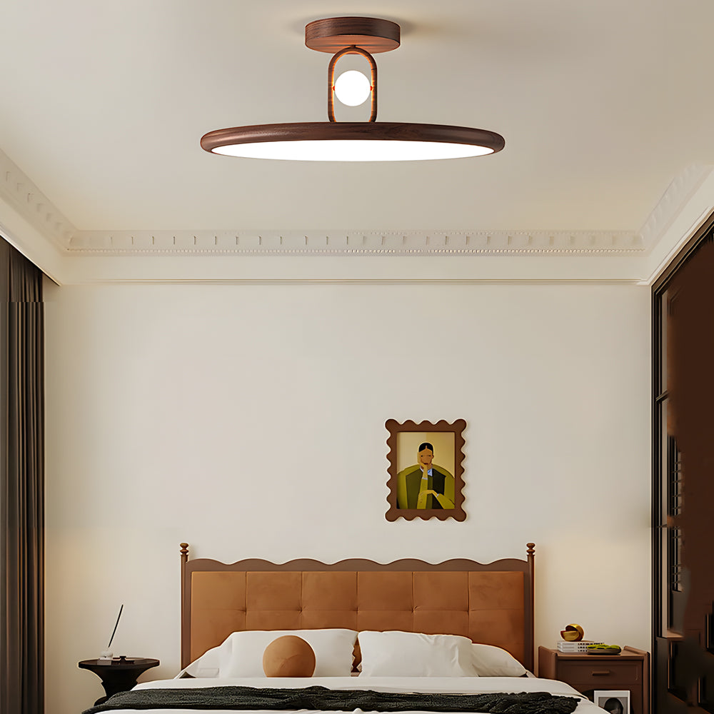 Mid Century Wood Grain Round Semi Flush Mount LED Ceiling Light for Modern Bedroom and Living Room