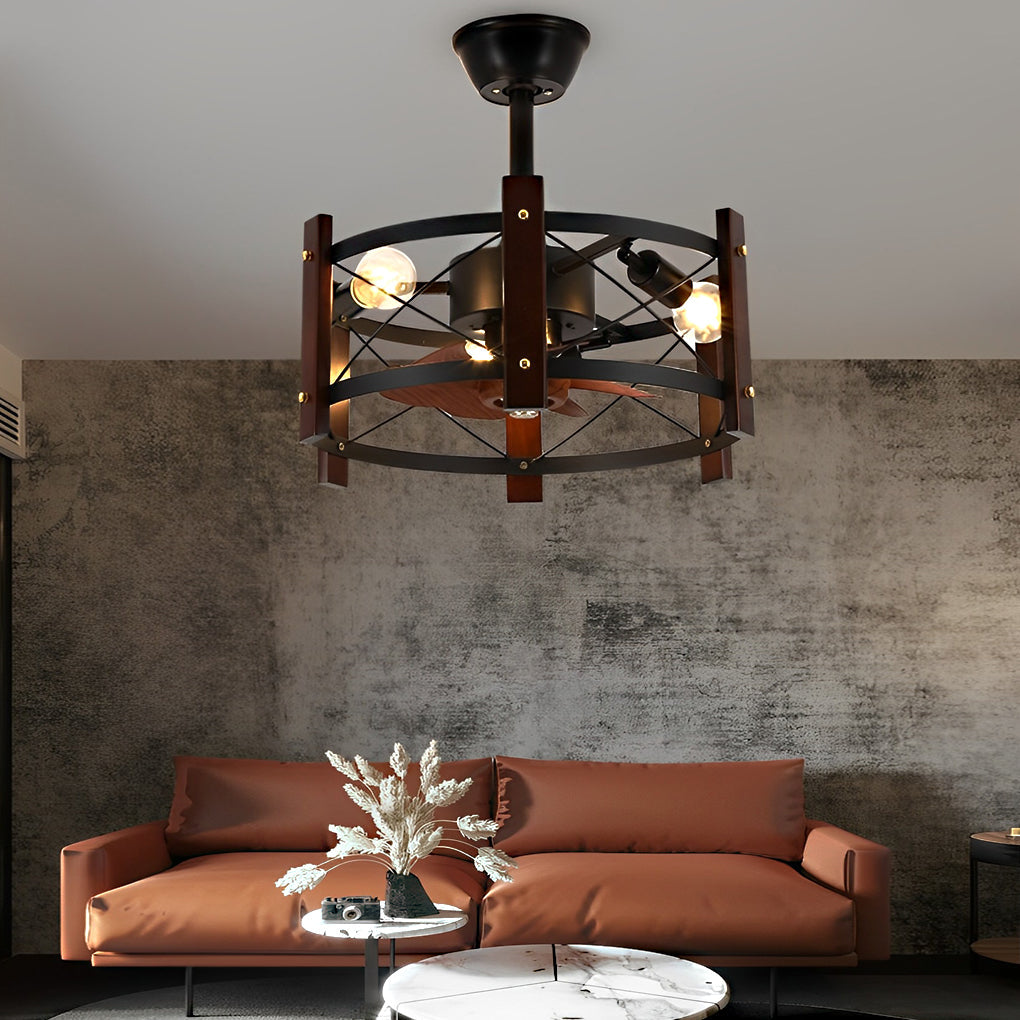 Vintage Industrial Black Metal Cage Bladeless Ceiling Fan with 4 Light Chandelier for Living Room