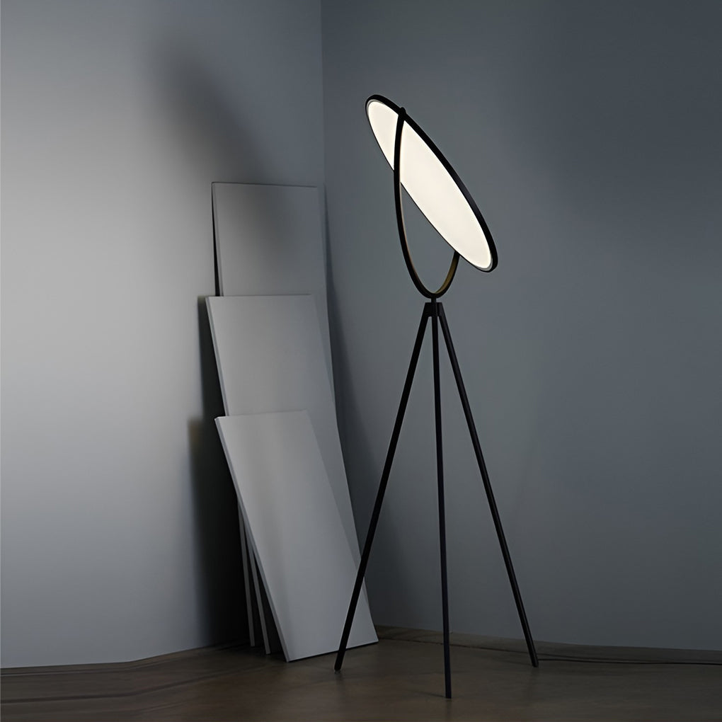 Modern Black Tripod Floor Lamp with Rotating LED Disc and Acrylic Diffuser for Bedroom and Living Room