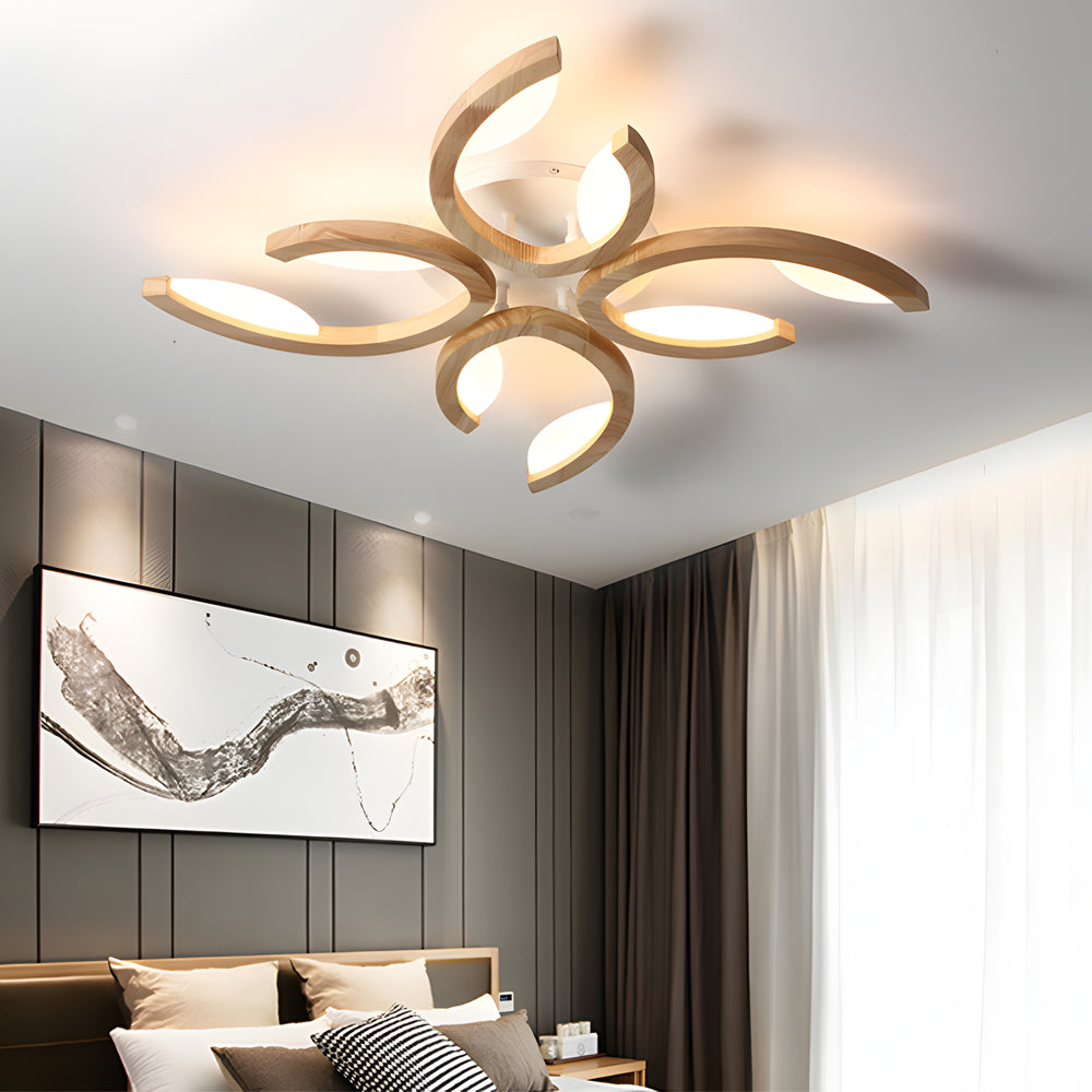 Modern Oak Wood Floral LED Semi Flush Mount Ceiling Light with Petal Acrylic Shades