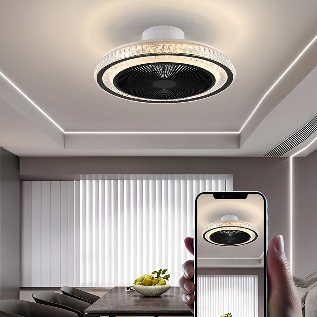 Modern Flush Mount Bladeless Ceiling Fan with Dimmable LED Light and Remote Control