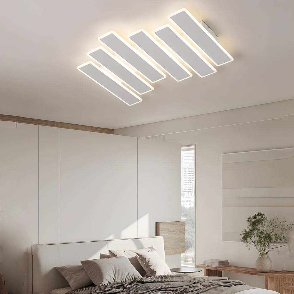 Modern White Geometric Linear LED Ceiling Light Dimmable Flush Mount with Remote Control