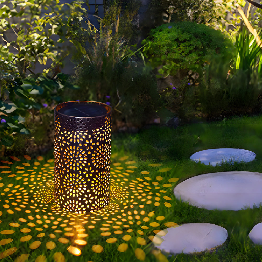 7.3 Inch Decorative Metal Solar Outdoor Lantern with Floral Cutout Pattern for Garden Decor