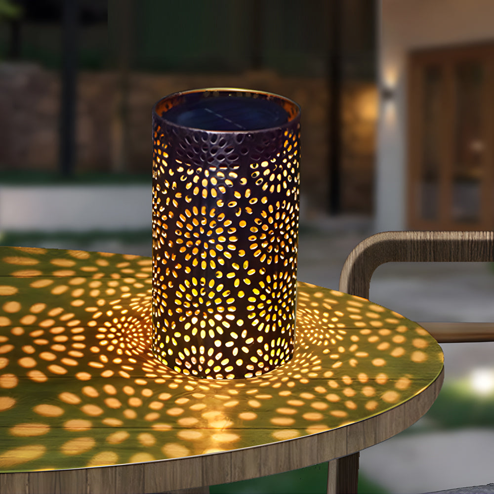 7.3 Inch Decorative Metal Solar Outdoor Lantern with Floral Cutout Pattern for Garden Decor