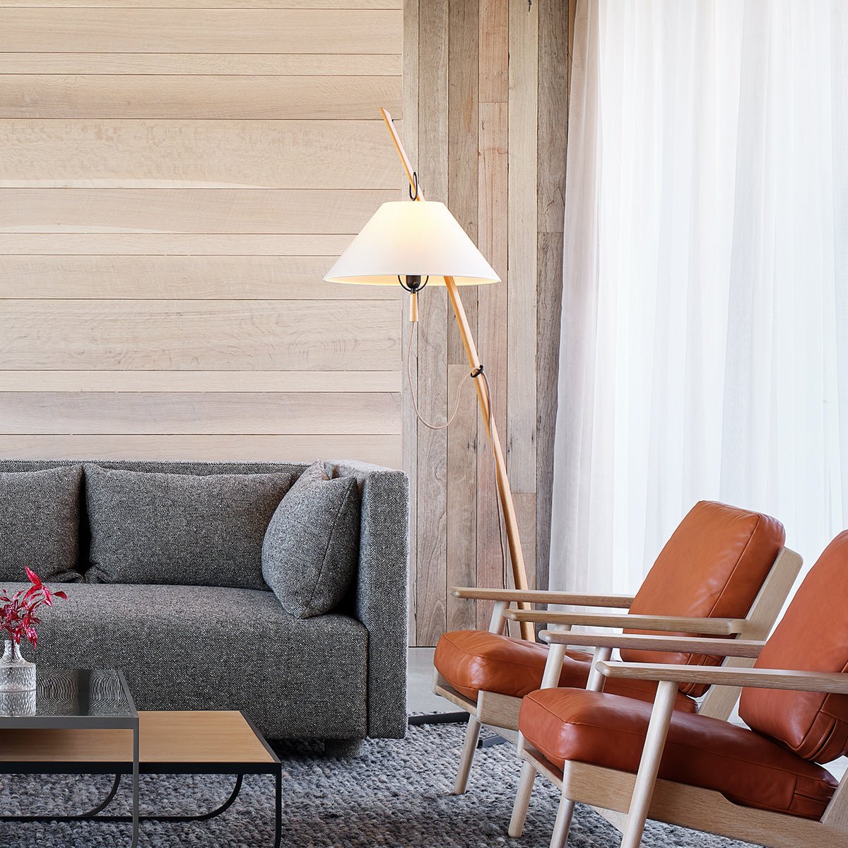 Modern Wood Floor Lamp with Adjustable White Fabric Shade and Retro Fishing Silhouette