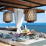 Hand Woven Rattan Outdoor Chandelier Waterproof Rustic Hanging Pendant Light for Garden Patio Yard
