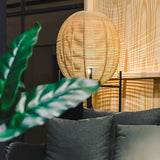 Farmhouse Rustic Rattan Standing Floor Lamp with Black Metal Base and Woven Shade for Living Room