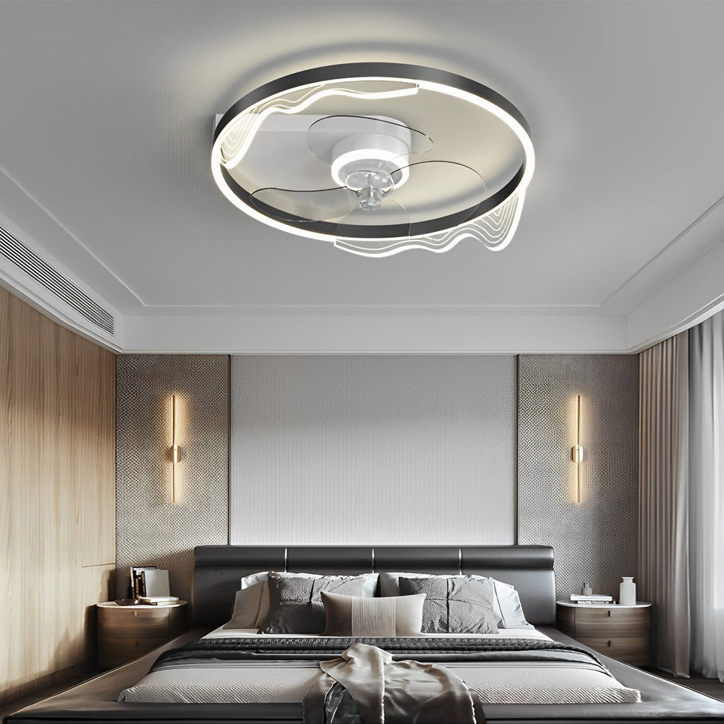 Round Bladeless Ceiling Fan with Dimmable LED Light 6 Speeds Silent Low Profile Flush Mount Fan