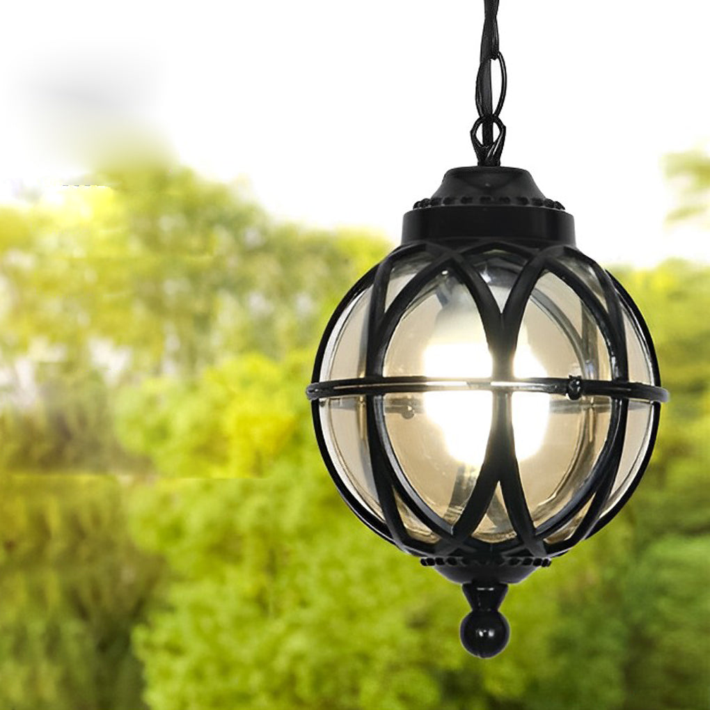 Vintage Waterproof Outdoor Pendant Light Retro Aluminum and Glass Hanging Ball Ceiling Lantern