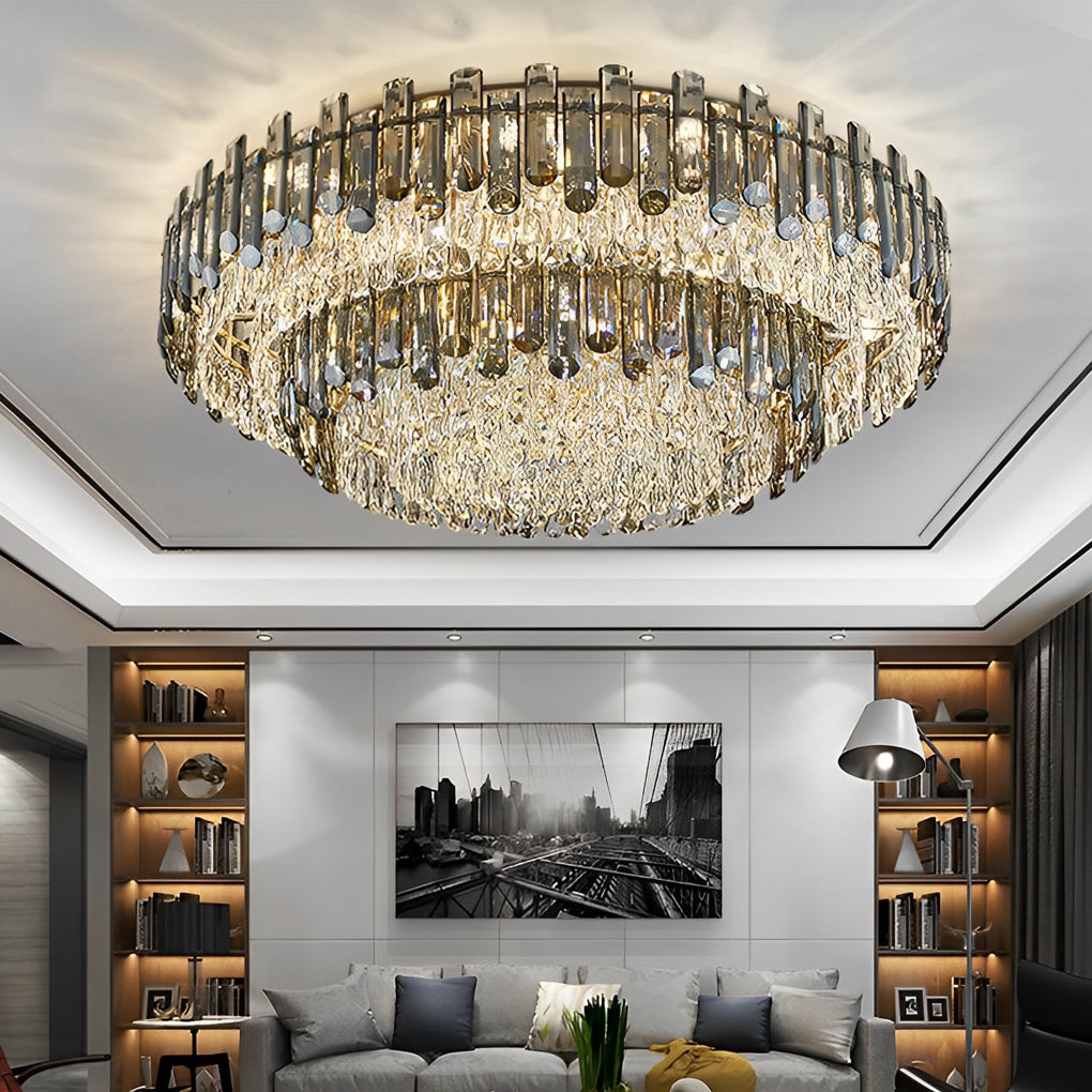 Luxury Modern Crystal Flush Mount Ceiling Light Round Metal Three Color Temperature Fixture
