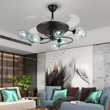 Modern 41 Inch Retractable Ceiling Fan with 4 Blades and Colored Glass Shades for Living Room