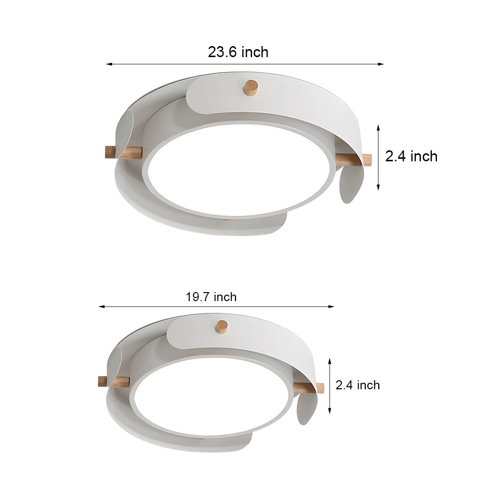 Modern White Iron and Rubber Wood Round Drum Flush Mount LED Ceiling Light Fixture