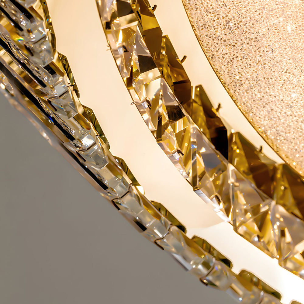 Modern Crystal Drum Flush Mount Ceiling Light Titanium Gold LED Chandelier with Quicksand Detail