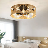 20 Inch Rustic Hemp Rope Woven Caged Ceiling Fan with Light 6 Speed Remote Control for Bedroom