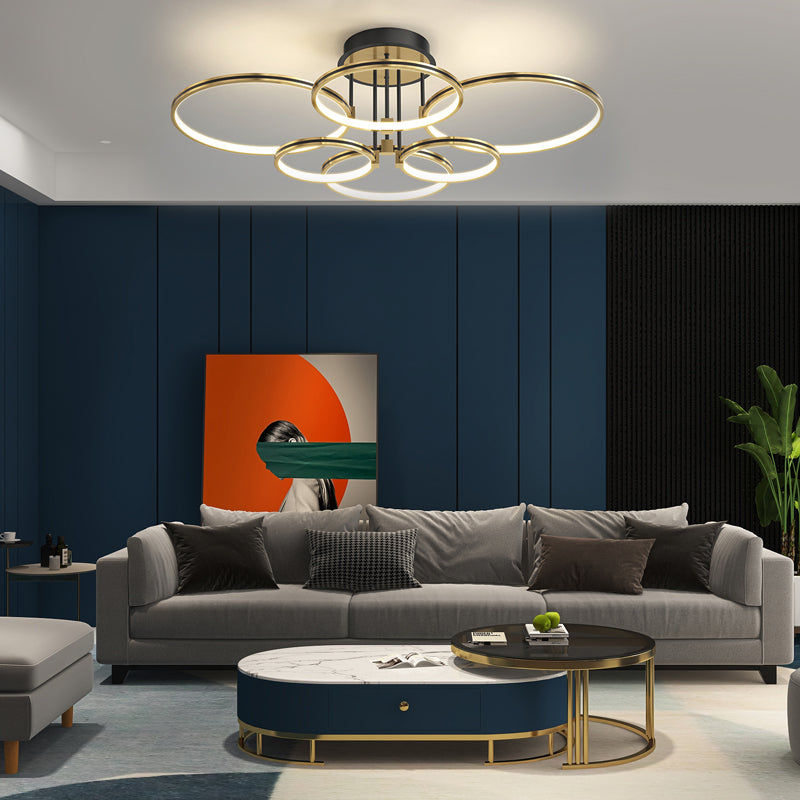 Modern Gold LED Ring Ceiling Light with Leather Accents and 3 Step Dimming