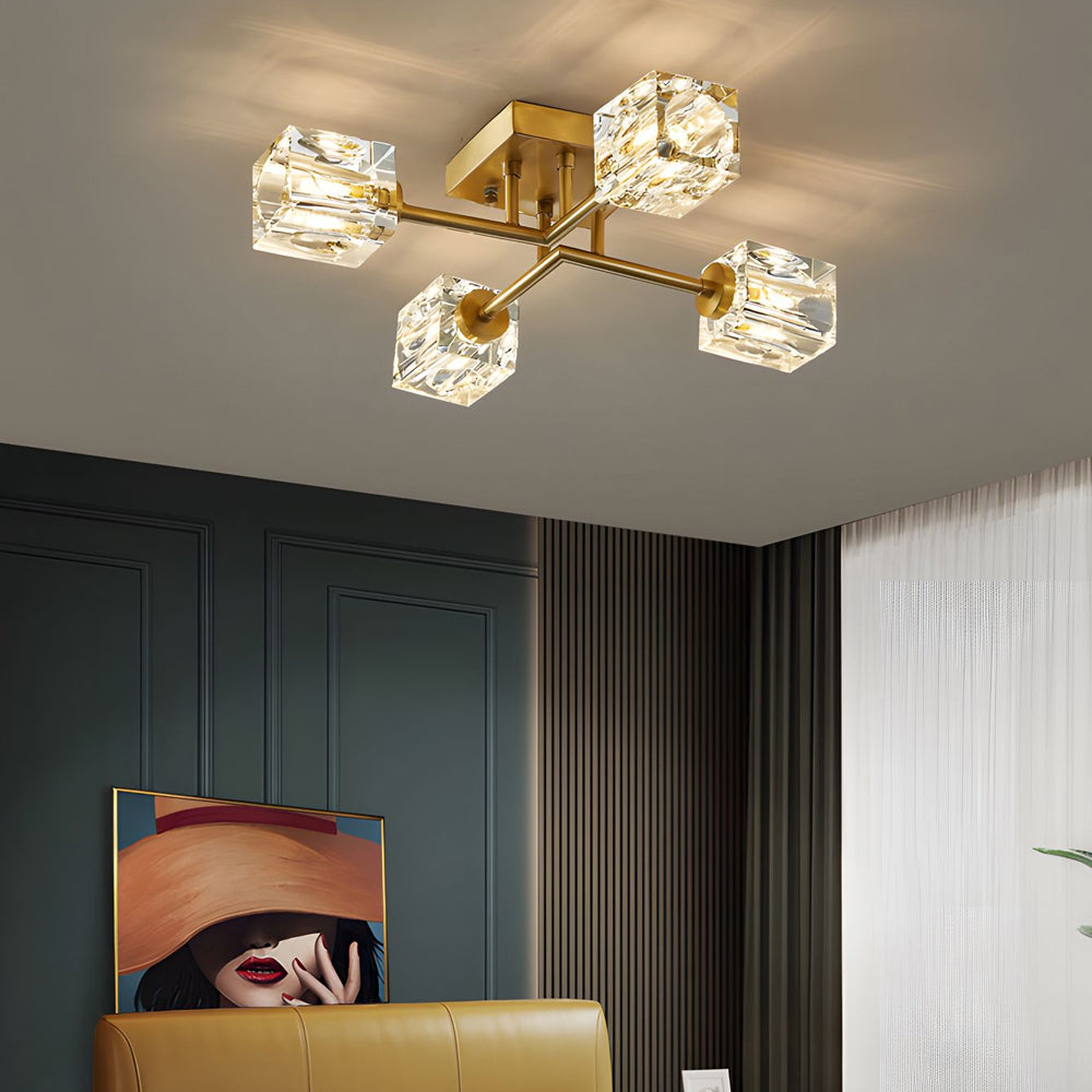 Modern Copper Crystal Cube Ceiling Light Semi Flush Mount for Living Room and Bedroom