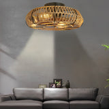 Retro Industrial Rattan Iron Bladeless Ceiling Fan with Light 6 Speeds Timing and Inverter