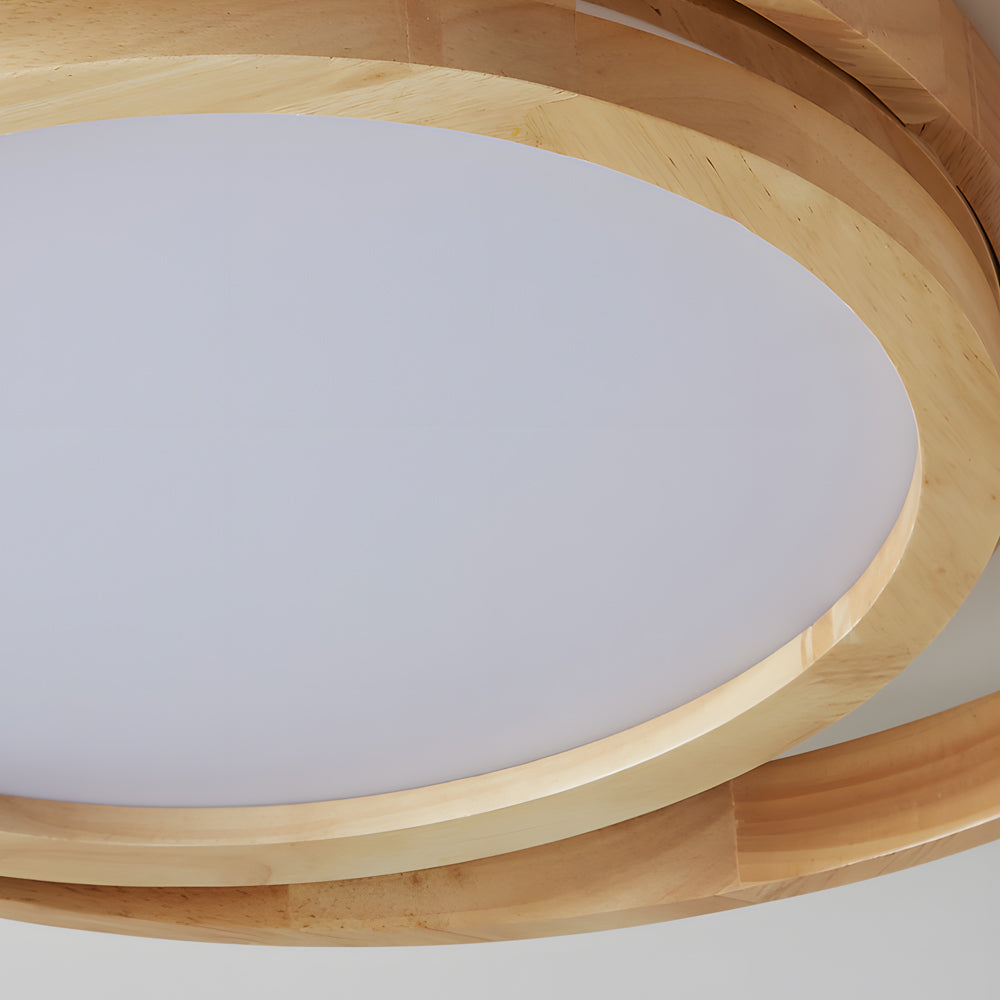Modern Round Oak Wood LED Ceiling Light with Oval Rings Minimalist Flush Mount Fixture
