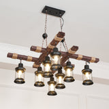 8 Light Rustic Wood Chandelier with Clear Glass Shades and Hemp Rope Accents