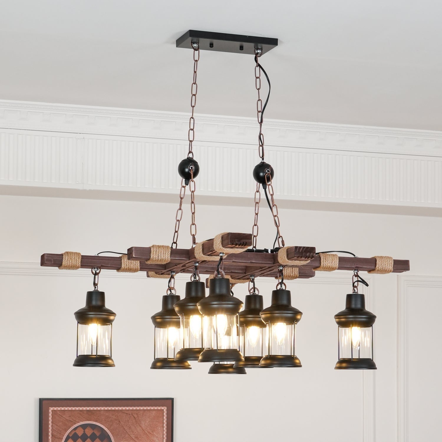 8 Light Rustic Wood Chandelier with Clear Glass Shades and Hemp Rope Accents