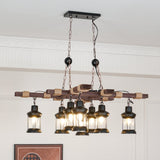 8 Light Rustic Wood Chandelier with Clear Glass Shades and Hemp Rope Accents