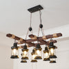 8 Light Rustic Wood Chandelier with Clear Glass Shades and Hemp Rope Accents
