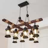 8 Light Rustic Wood Chandelier with Clear Glass Shades and Hemp Rope Accents