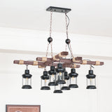 8 Light Rustic Wood Chandelier with Clear Glass Shades and Hemp Rope Accents