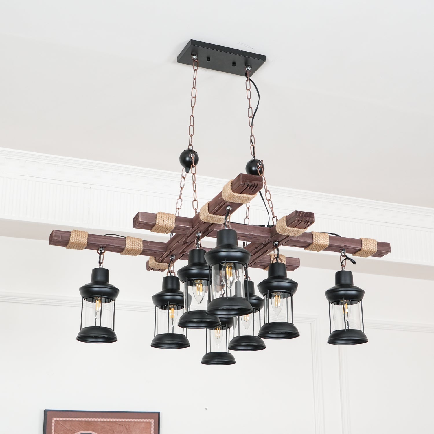 8 Light Rustic Wood Chandelier with Clear Glass Shades and Hemp Rope Accents