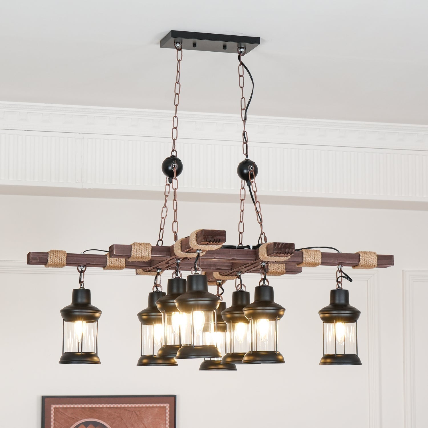 8 Light Rustic Wood Chandelier with Clear Glass Shades and Hemp Rope Accents