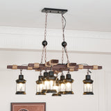 8 Light Rustic Wood Chandelier with Clear Glass Shades and Hemp Rope Accents