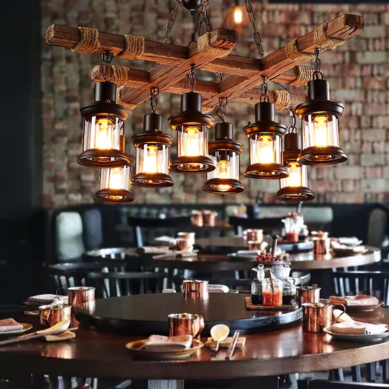 8 Light Rustic Wood Chandelier with Clear Glass Shades and Hemp Rope Accents