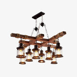 8 Light Rustic Wood Chandelier with Clear Glass Shades and Hemp Rope Accents