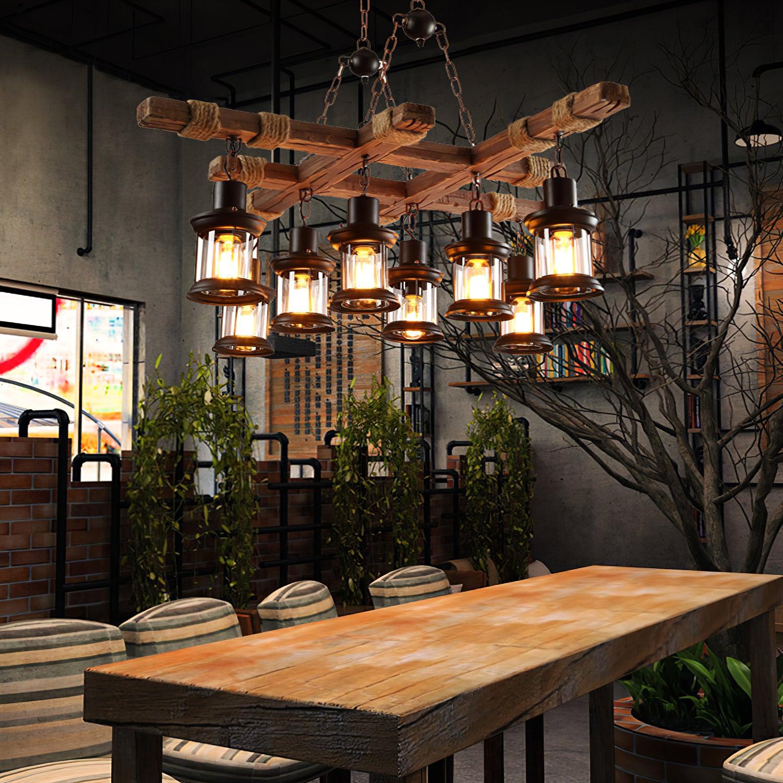 8 Light Rustic Wood Chandelier with Clear Glass Shades and Hemp Rope Accents