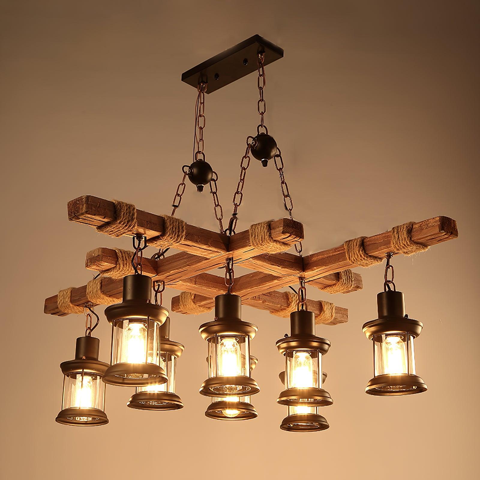 8 Light Rustic Wood Chandelier with Clear Glass Shades and Hemp Rope Accents