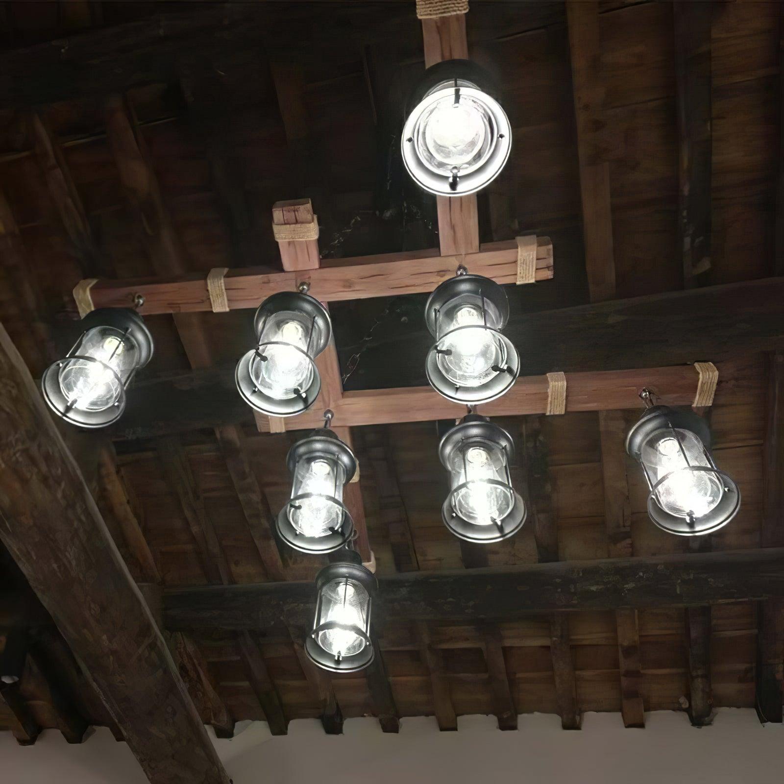 8 Light Rustic Wood Chandelier with Clear Glass Shades and Hemp Rope Accents